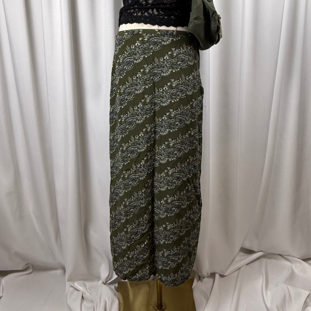 Hillard & Hanson Olive Green Paisley Floral Maxi Skirt Rayon Vintage Small USA